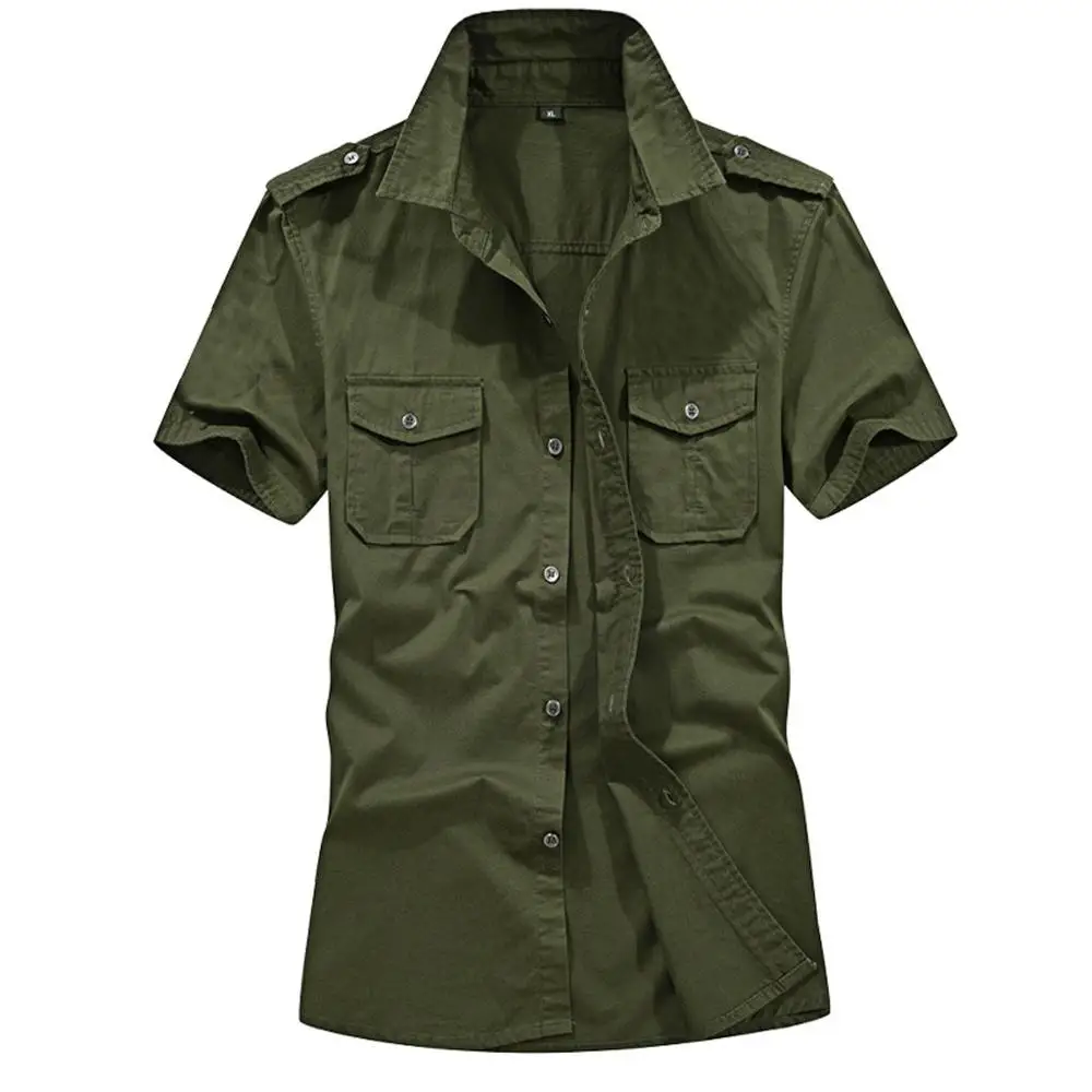 Army Green Весенне-летняя мужская рубашка в стиле милитари, однотонная, с карманами, короткий рукав, Свободный Топ, Повседневный, хлопок, удобная, горячая распродажа - Цвет: Army Green