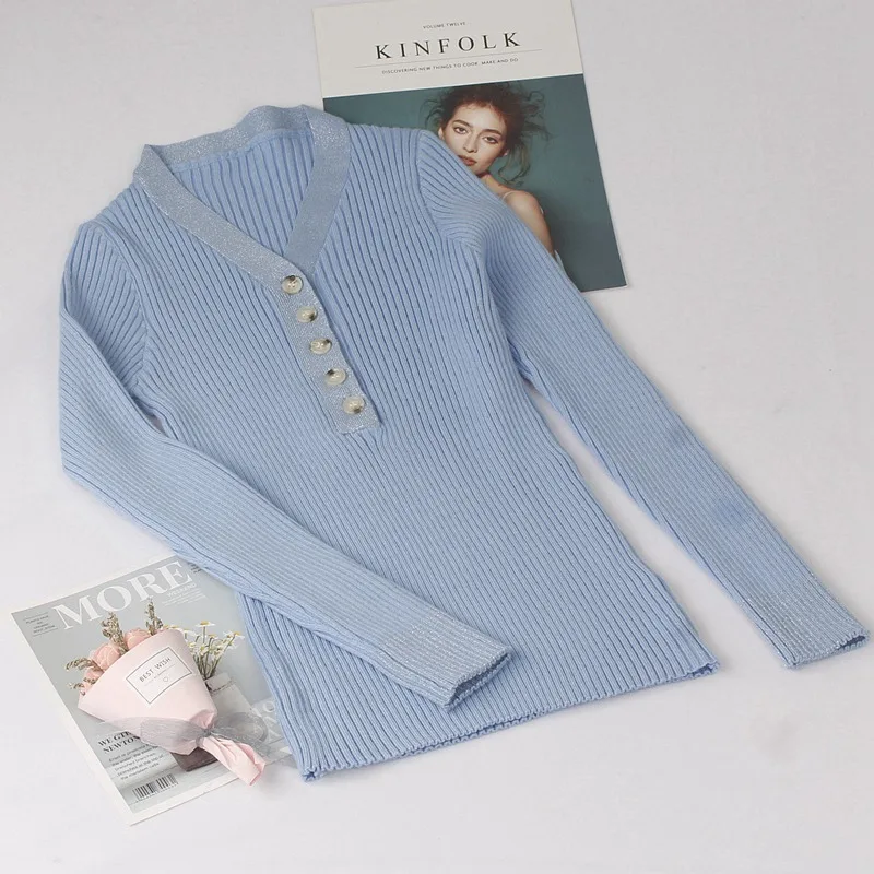 light blue 869 GIGOGOU, блестящий женский свитер с v-образным вырезом и люрексом, осенне-зимний теплый пуловер, джемпер, модный сексуальный базовый женский свитер - Цвет: light blue 869