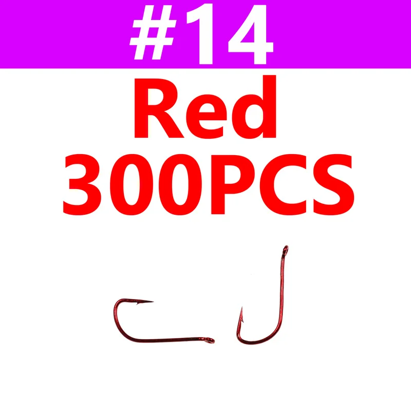 size14 red 300pcs 300 шт. Тонкий крючок с колючей проволокой для сухого завязывания мух, маленький крючок для ловли мух, красный, золотой цвет, крючки для ловли мух, тенкра, рыболовные крючки для форели - Цвет: size14 red 300pcs