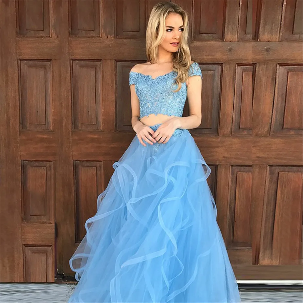 Светло-голубые платья для выпускного вечера из 2 предметов, кружевные платья с вырезом лодочкой и открытыми плечами из тюля длинное вечернее платье Vestido De Fiesta