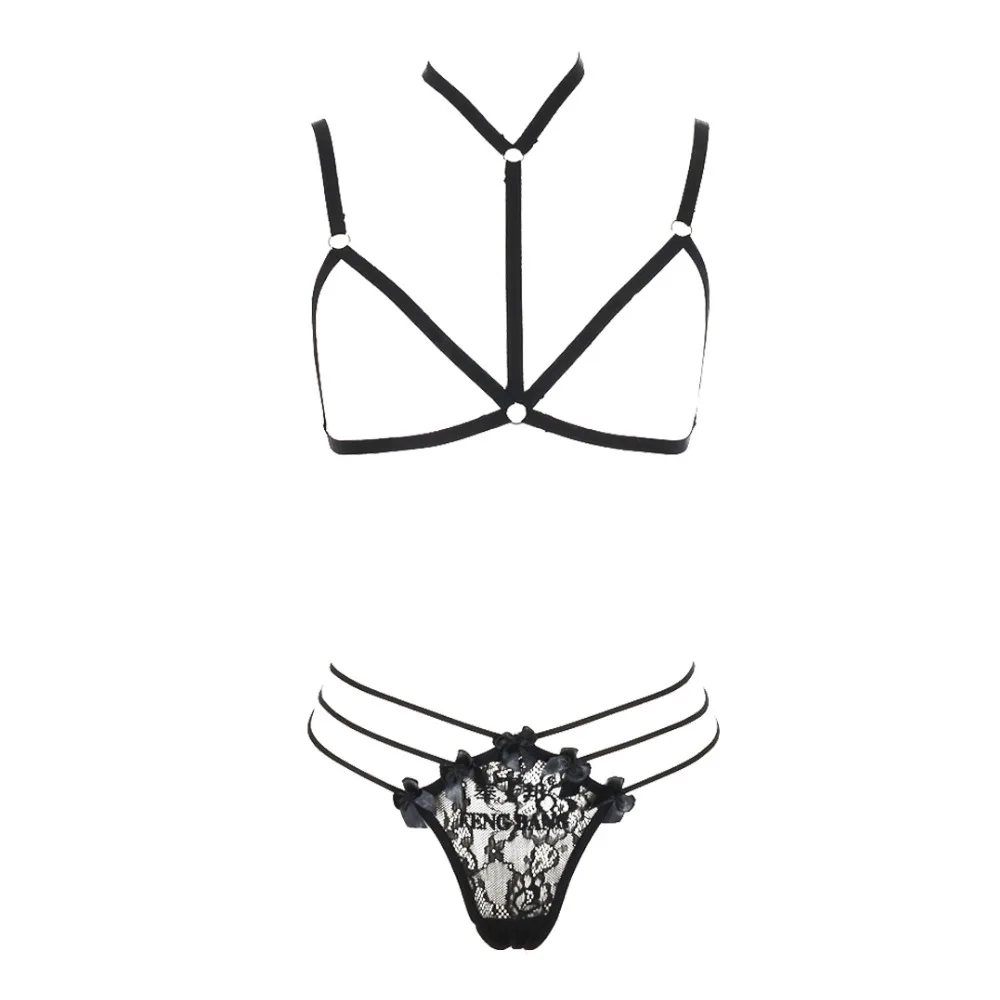 Crop Top Set Black Open Chest Cage Harness Bra Fetish Wear Bottom Panties Body Sexy Lingerie Bondage Bodysuit | Женская одежда