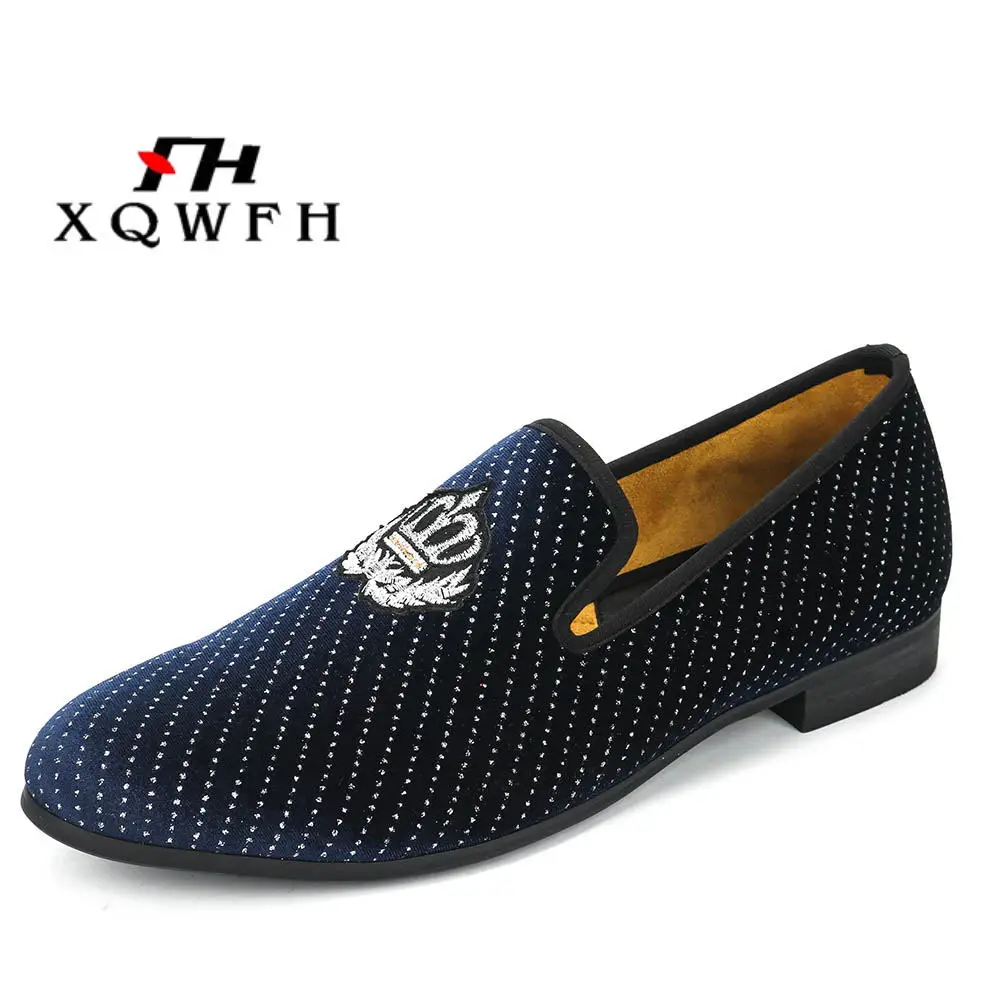 XQWFH New Style Men Blue Velvet Shoes Fashion Party and Wedding Male Dress Plus Size Men's Loafers | Обувь