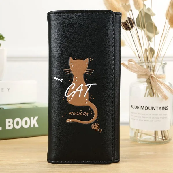 Женские кошельки, Длинные Короткие женские сумки, женский кошелек, сумка для карт, ID держатель, женское портмоне «кошка», Карманный чехол, хорошее качество, сумочки для денег - Цвет: Long Black