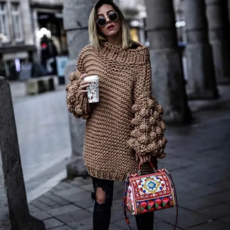 Autumn Coarse wool handmade knitted Sweater women Half turtleneck lazy Rough Knitted Lantern Sleeved 3D Yarn Ball Pullover | Женская