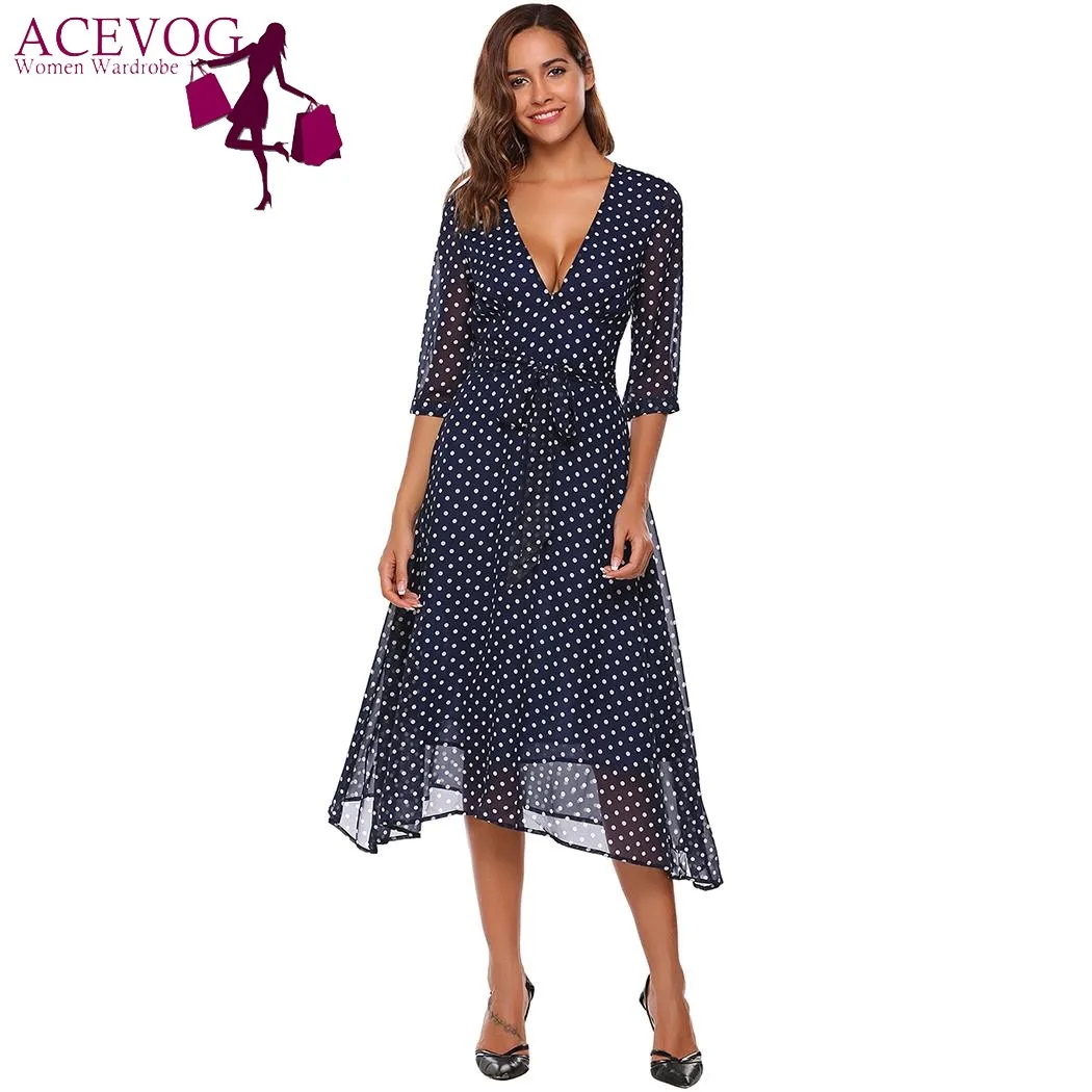 ACEVOG Women Vintage Dress Autumn Fashion V-Neck 3/4 Sleeve High Waist Floral Dresses Feminino Vestidos Femme Robe | Женская одежда