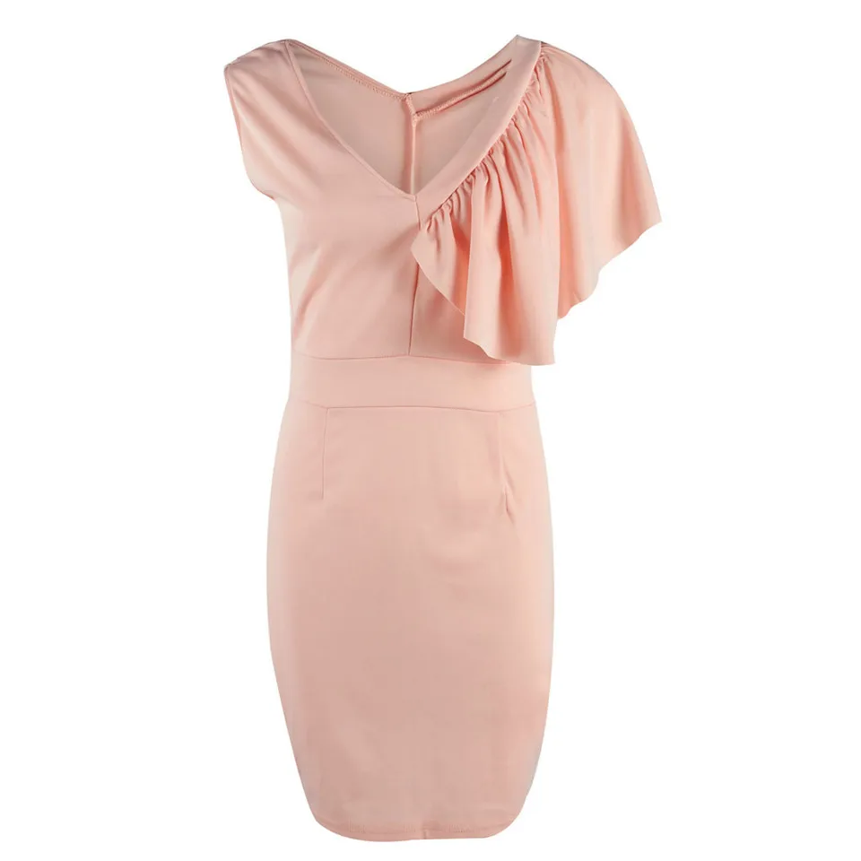 Elegant Women Bodycon Dress Patchwork Design Ruffles Decor V-Neck Sleeveless Solid Summer Mini Slim Hips Dress for Streetwear