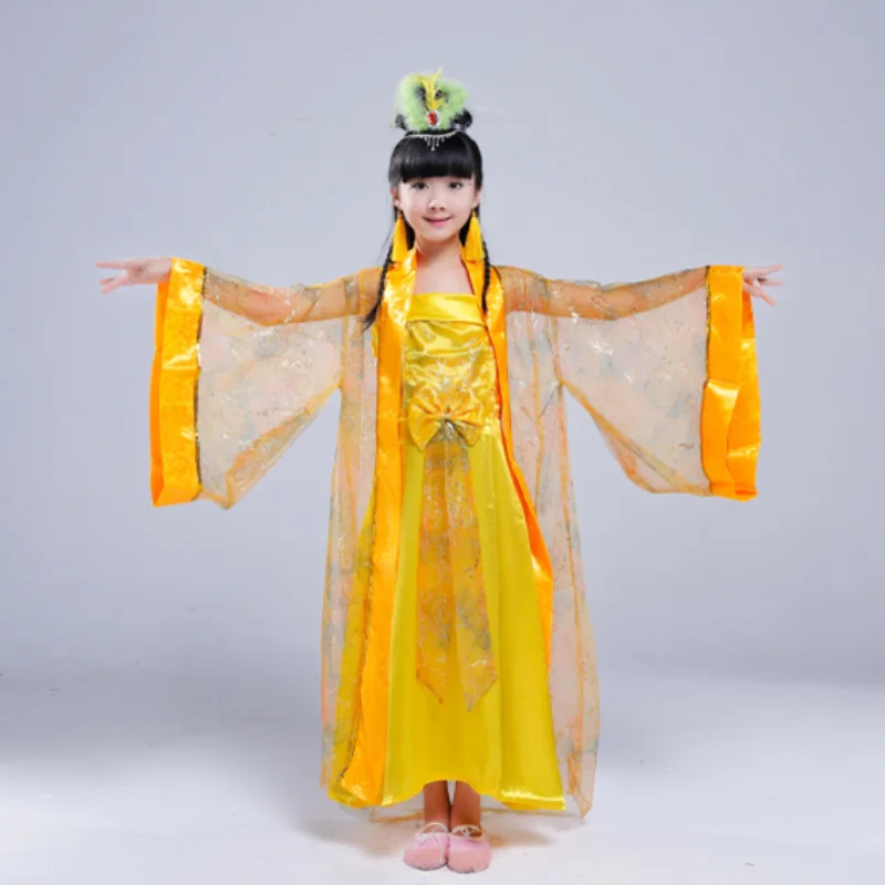 Детская одежда желтая Hanfu сказочный костюм для выступлений девочек костюмы