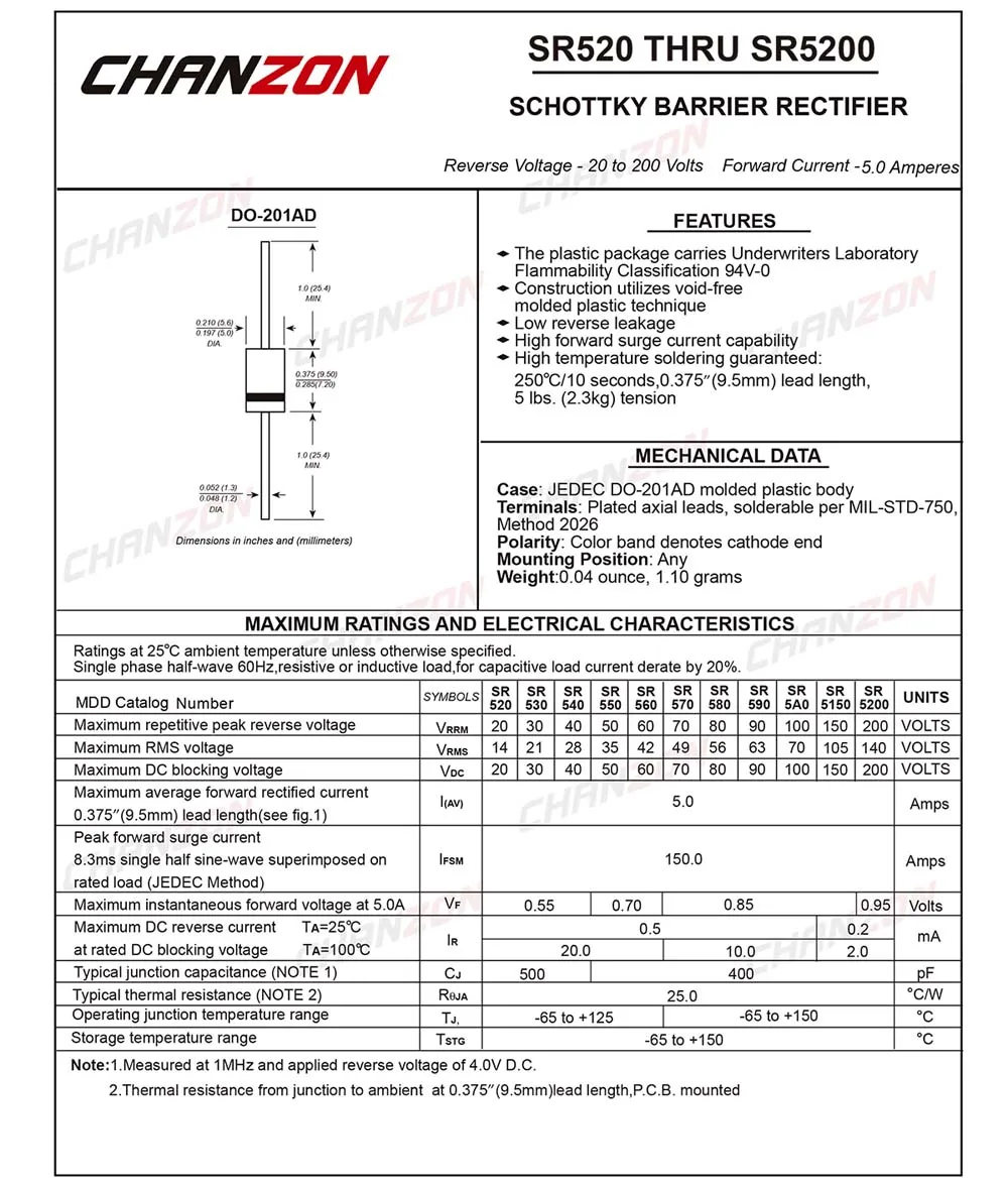 (20 шт.) SR540 (SB540) Schottky барьер выпрямитель диоды 5A 40 в DO 201AD (DO 27) осевой 5 ампер вольт SR