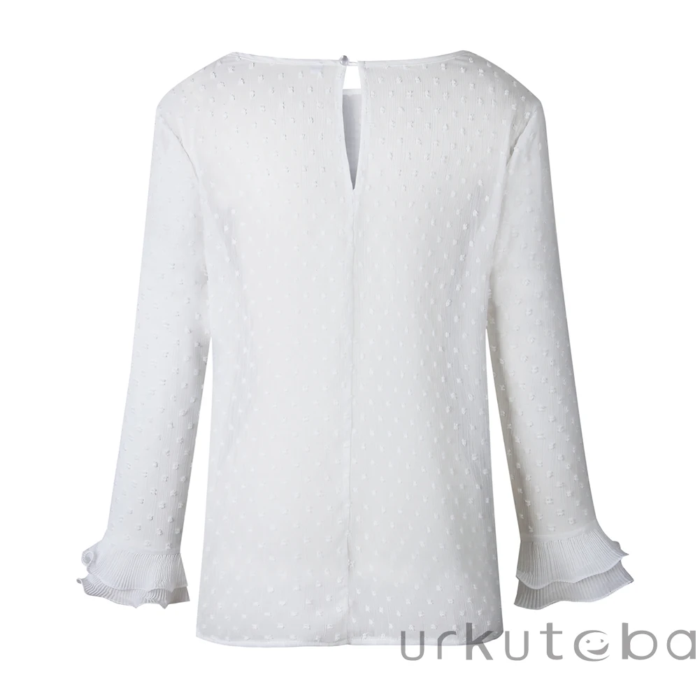 

New Women Long Sleeve Tops Shirt OL Ruffle Floral Patchwork Chic Ladies Crew Neck Casual Soild Blouse