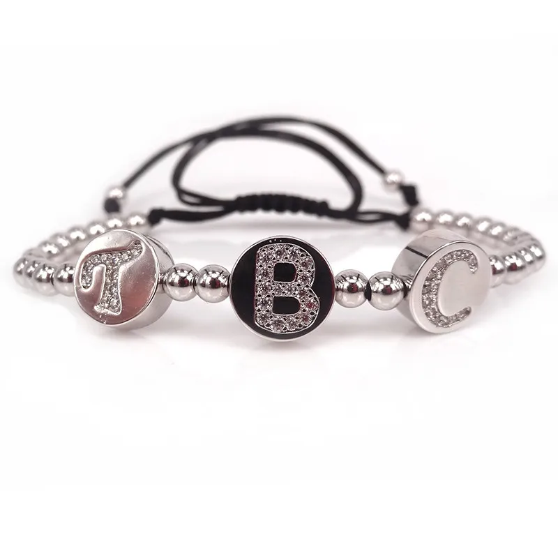 Брендовый мужской браслет макраме 4 мм черные круглые бусины и закрепка CZ TBC