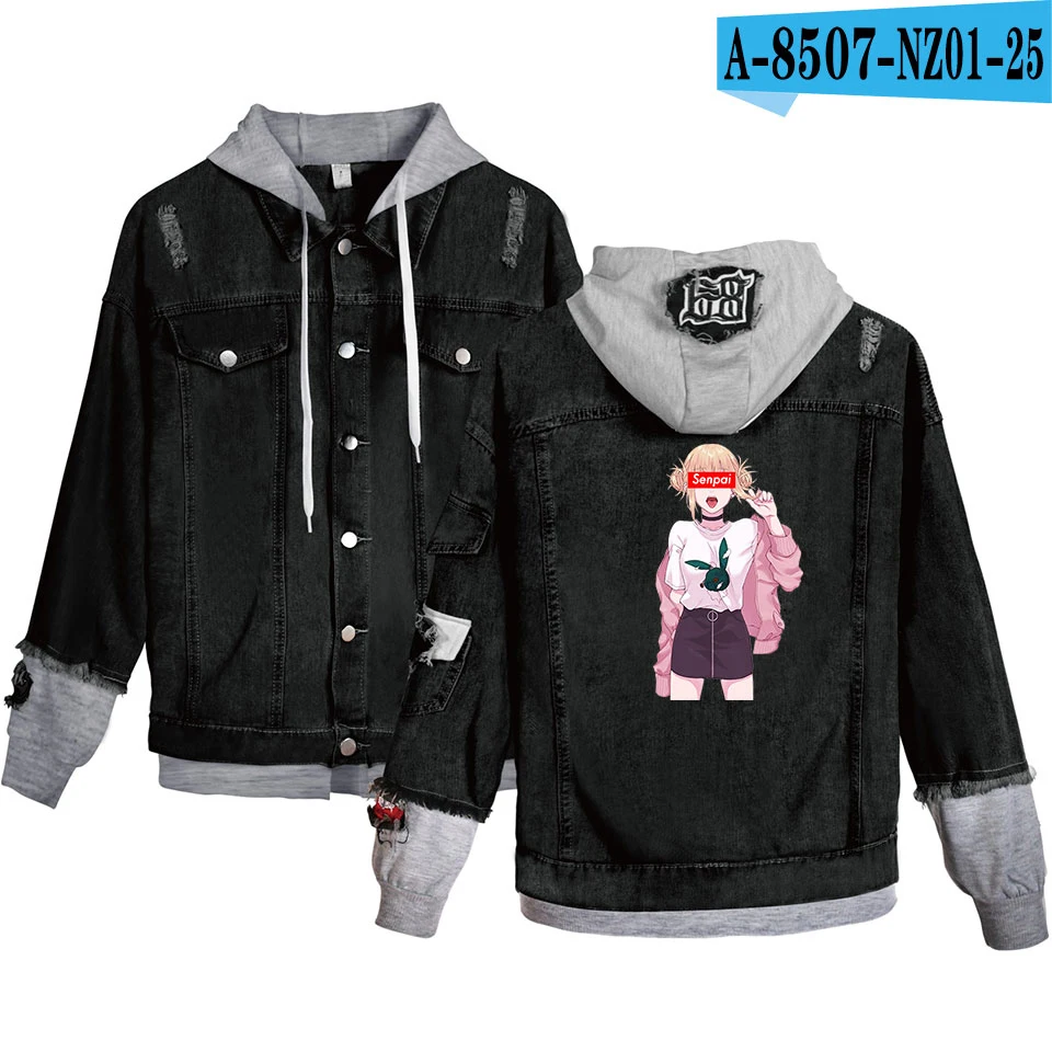 grayblack Senpai Women Denim Jacket Girls Casual Ripped Hole Jeans Coat Female Plus Size Hooded Outerwear Spring Autumn Jackets - Цвет: grayblack