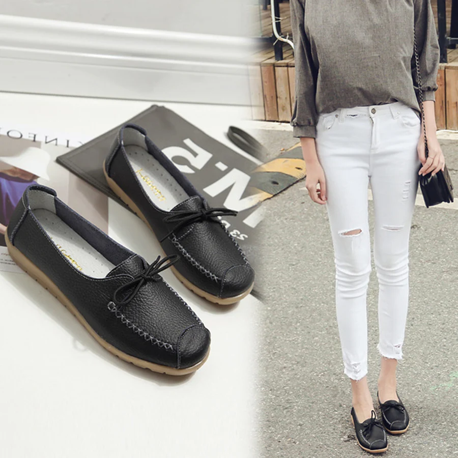 Сезон весна-лето Кожаная мягкая и удобная обувь в горошек Женская на мягкой