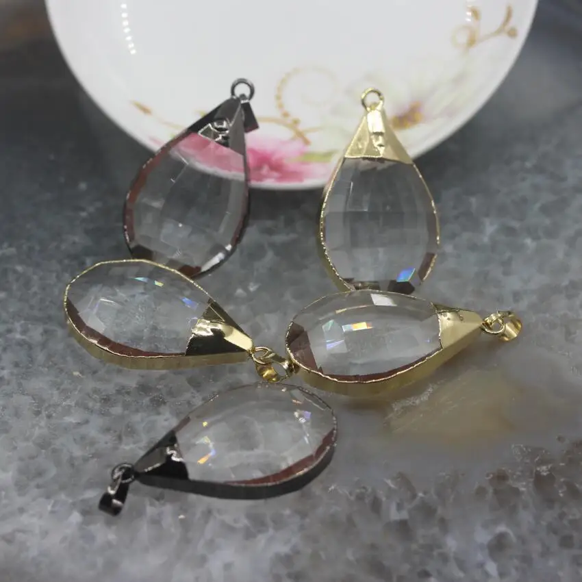 

5pcs/lot,Drop Shape Bezel Glass Plating Gold/Gunmetal Edged Pendants Bulk,Faceted Clear Glass Crystal Crafts Necklace Charms
