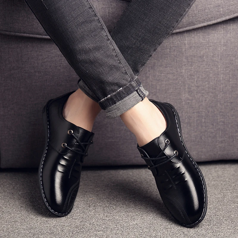 INLIKE Men Leather Flats Shoes Solid Color Breathable Non-slip Soft Buttom Doug Lace-Up Spring/Autumn Men's | Обувь