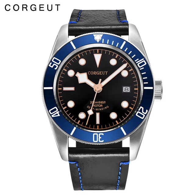 Автоматические Мужские часы Corgeut Military Schwarz Bay наручные часы кожаные lume водонепроницаемые спортивные мужские часы для плавания Relogio Masculino - Цвет: blue bezel