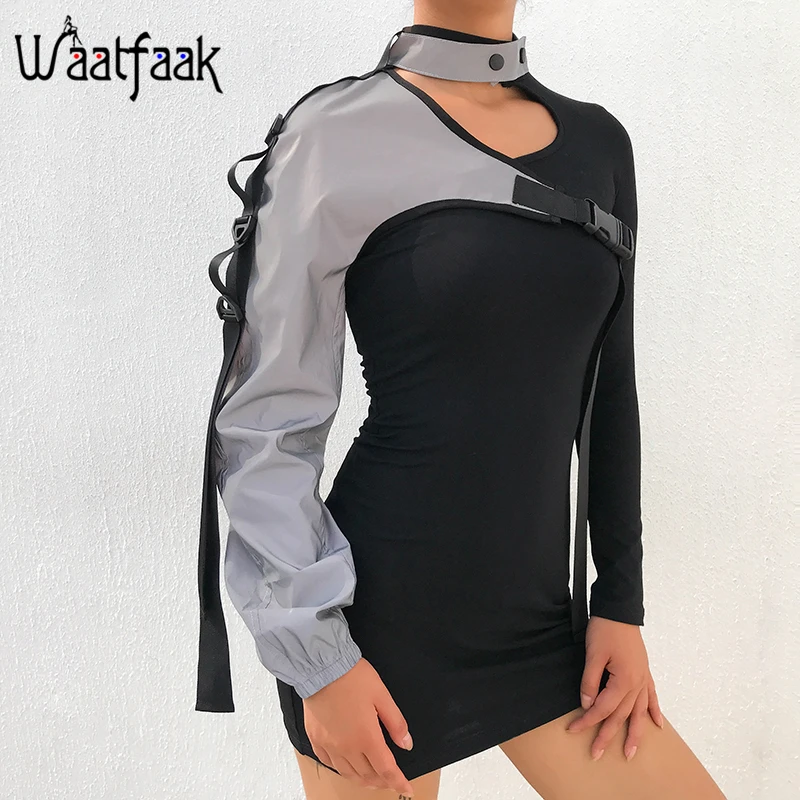 Waatfaak Светоотражающая укороченная куртка с одним плечом для женщин уличная с ремешками и пряжкой Холтер сексуальное пальто с длинными рукавами в стиле хип-хоп Harajuku топы