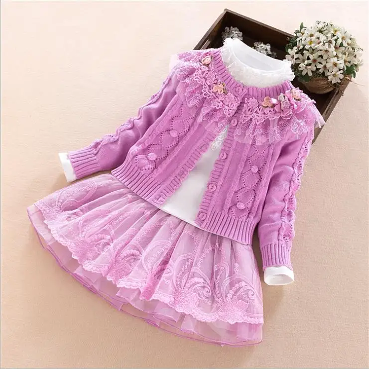 European and American autumn new 2019 Parent-child outfit Knitted sweater + embroidered T-shirt skirts Girl's three-piece | Мать и