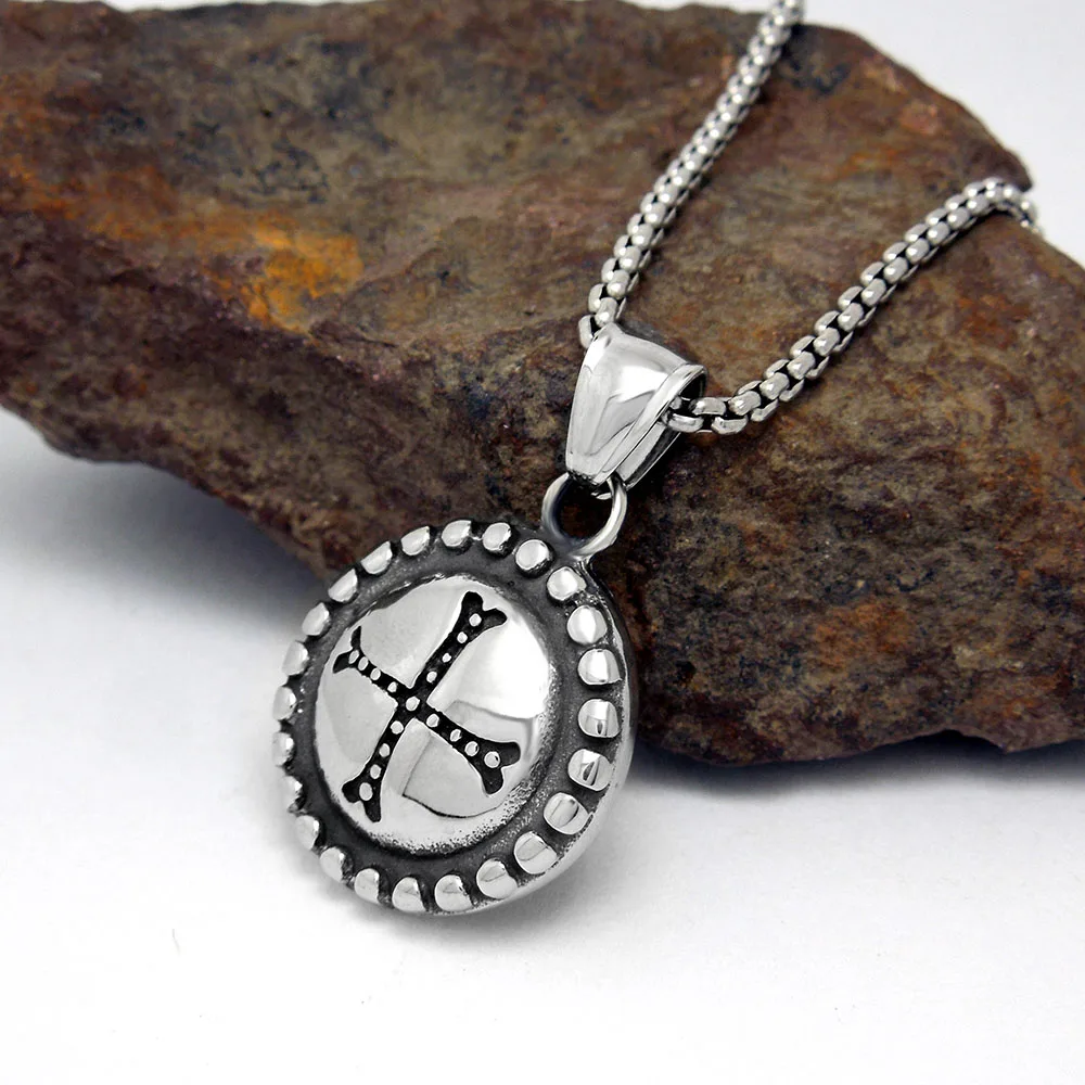 Ретро винтажный вид Серебряный тон из нержавеющей стали крест круглый кулон