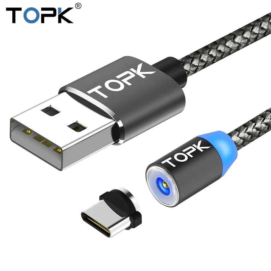 TOPK RLine1 светодиодный магнитный usb-кабель, 1 м и 2 м Магнитный USB type-C кабель и Micro usb кабель и USB кабель для iPhone X 8 7 6 Plus