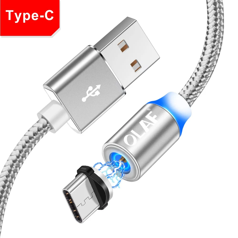 OLAF 1 м СВЕТОДИОДНЫЙ Магнитный зарядный кабель Micro USB для iPhone X XR XS Max Быстрая зарядка usb type C для Xiaomi кабель зарядный провод шнур - Цвет: Silver Type C