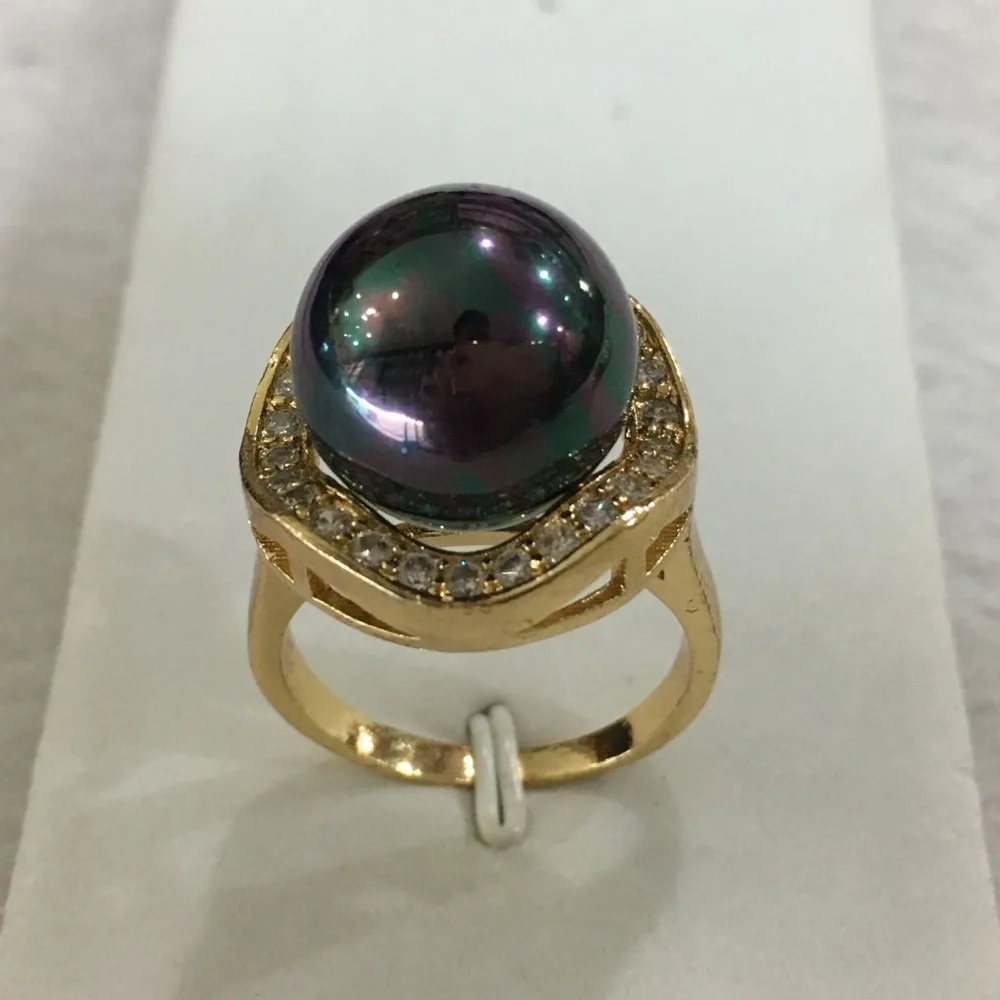 free shipping New trend lady's exquisite GP inlay crystal 14mm black shell pearl ring SIZE 6/7/8/9/10 | Украшения и