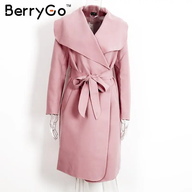 Розовый BerryGo, теплая куртка с отложным воротником, Женское пальто с поясом, Черное длинное зимнее пальто, осеннее пальто, женская розовая верхняя одежда - Цвет: Розовый