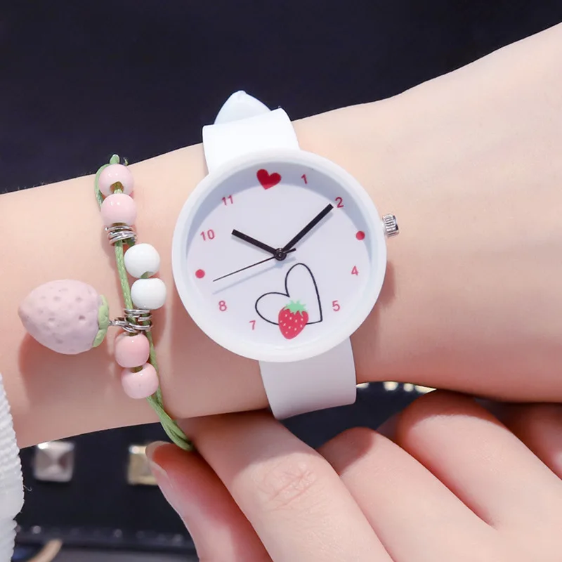 Ulzzang фирменные кварцевые наручные часы для девочек, модные повседневные милые часы с клубничным сердечком, женские и детские часы, спортивн...
