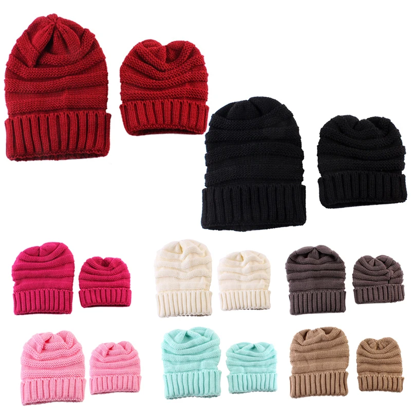 Winter Warm Parent Child Hat Mom Baby Kids Cotton Crochet Knitted Solid Skullies Beanies Balaclava Causal Unisex Cap | Аксессуары для