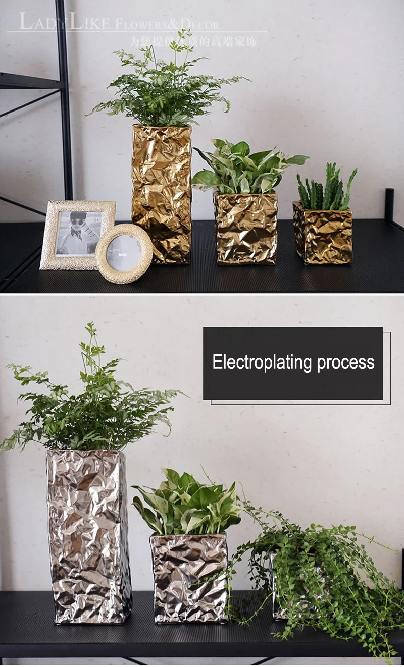 Современная керамическая ваза цвет серебристый, золотой складки porcelon вазы Украшение в середине стола для свадеб горшок дома jarrones decorativos ваза для цветов