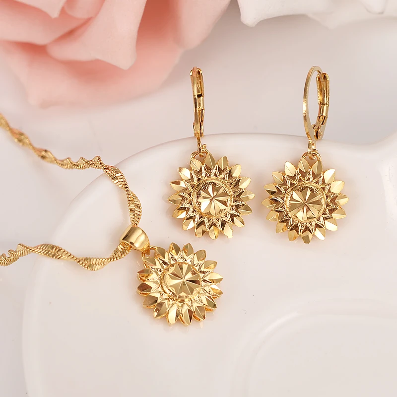

Dubai Ethiopian Set Jewelry Necklace pendant Earring Girl Real 18 k Solid Yellow Fine Gold GF flower Europe Bridal Sets
