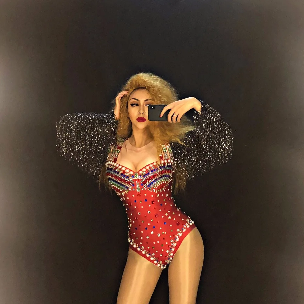 Hot Sale Women Sexy Red Bodysuit Colorful Sparkling Crystals Pearls Nightclub Party Stage Wear Dancer Singer Bling Costumes