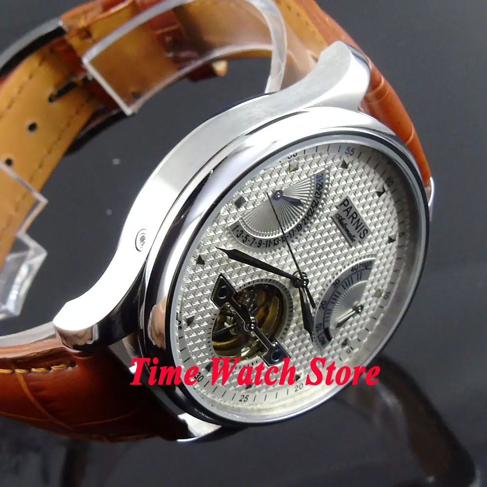 Часы мужские автоматические 43 мм с белым циферблатом и коричневым ремешком |