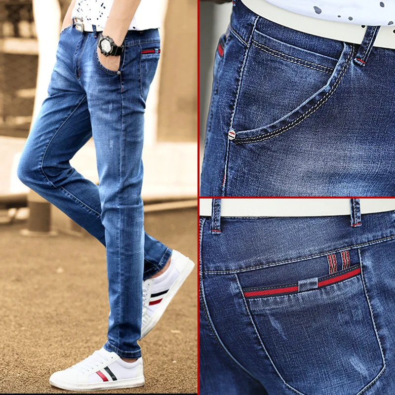 Fashion Men's Jeans Pants Stretch Dark Blue Skinny For Men Casual Slim Fit Denim Korean Style Male Trousers | Мужская одежда