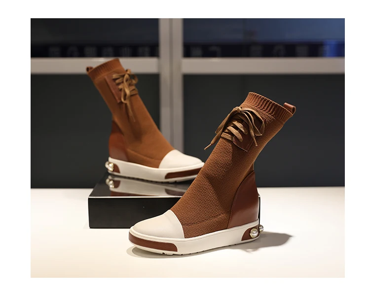 Goedkoop Zapatos De Mujer 2018 Schoenen Vrouw Leather Lace-Up Sok Ankel Laarzen Kristal Zool Hoogte Toenemende Laarzen Vrouw Botas Mujer