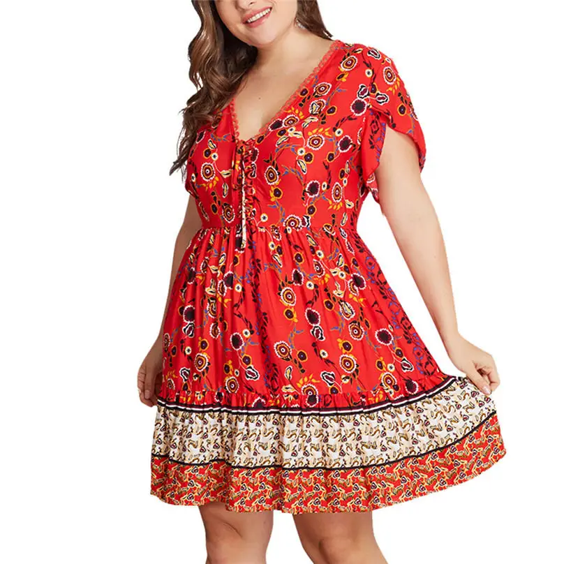 Dresses Богемного размера плюс с цветочной печатью платье с коротким рукавом v-образным вырезом А-силуэта летние женские платья женское праздничное платье халат ete#15 - Цвет: Dresses