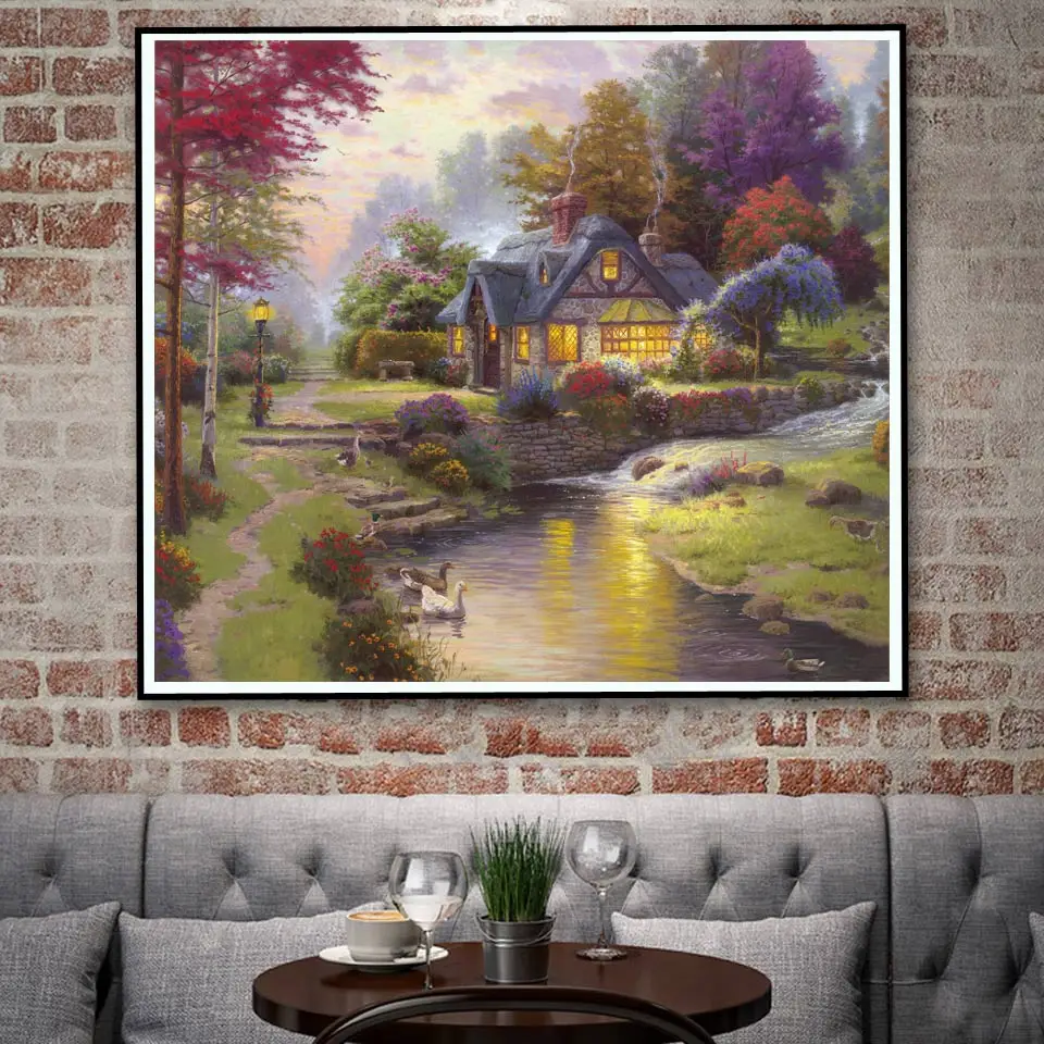 Thomas Kinkade дача горы водопад, мост Шелковый плакат картина маслом для домашнего декора 14x16 20x23 26x30 32x37 дюймов без рамы - Цвет: 044