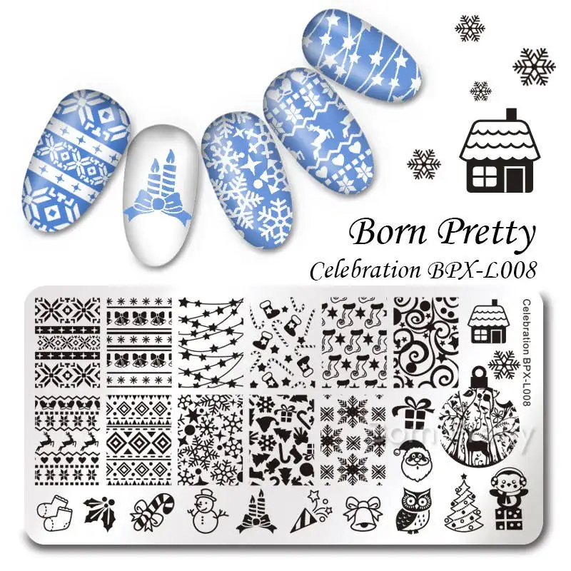 BPXL008 BORN PRETTY прямоугольник Круглый ногтей штамповки шаблон Рождественская елка снежинка колокольчик олень Санта Клаус носки пластина с изображениями для нейл-арта - Цвет: BPXL008