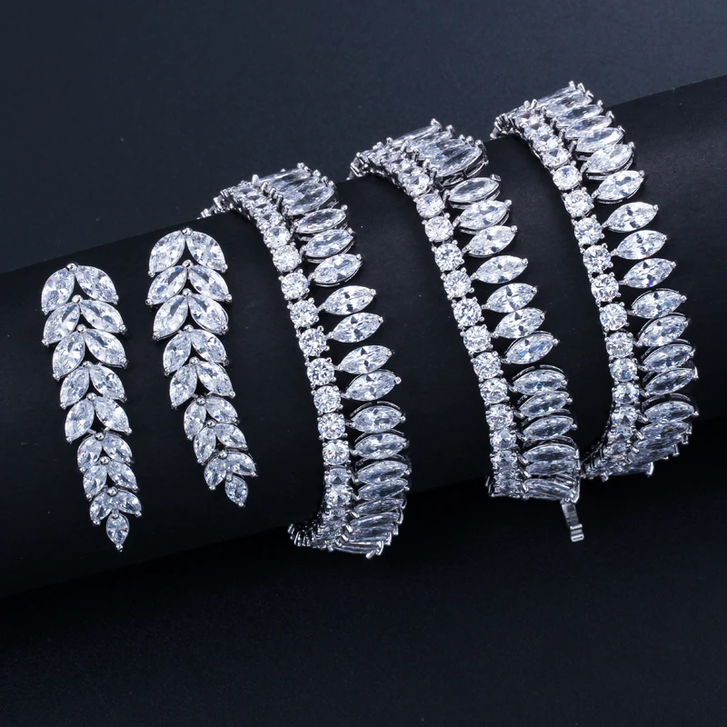 

ThreeGraces Silver Color Long Leaf Cubic Zircon Cluster Necklace And Dangle Tassel Earrings Wedding Jewelry Sets For Women JS054