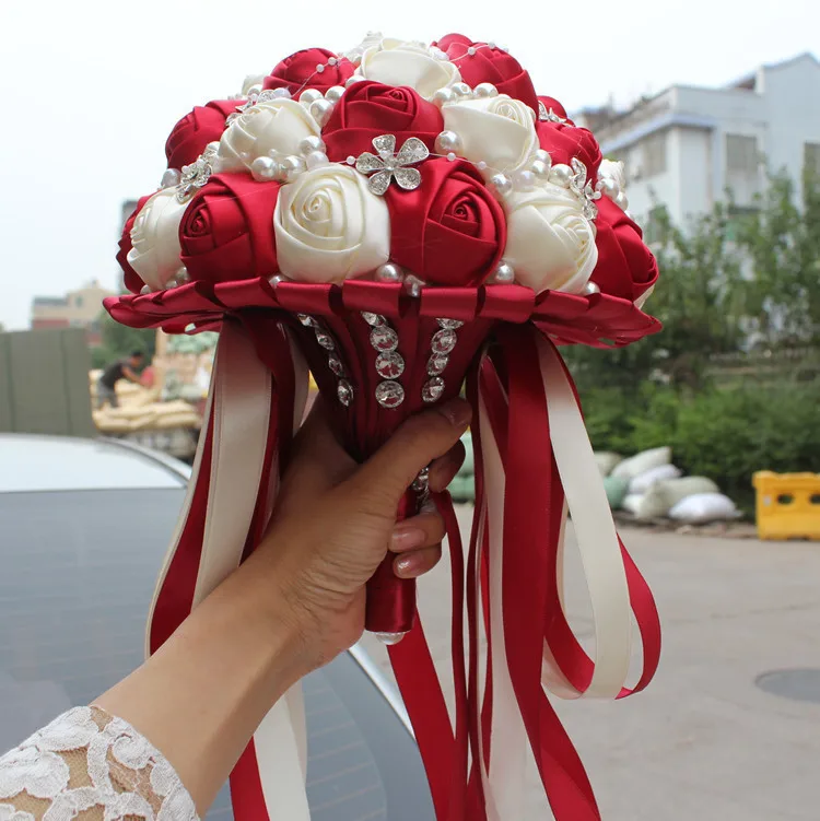 New Arrival Half Ball Handmade Satin Wedding Bouquet for European Wine Diamond Holding Flowers Custom Color Optioal | Свадьбы и