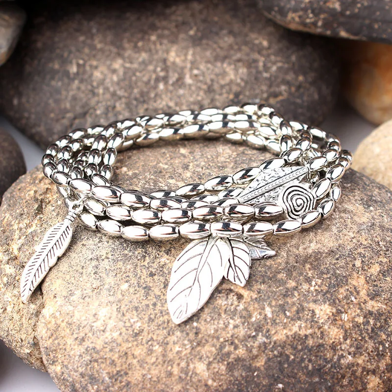 UAM Boho Hand Jewelry Natural Stone Beaded Bracelets &amp Bangles Plant Leaves Charm Bracelet Silver Multiple Layers Pulseras Women |