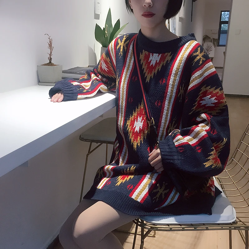 Autumn winter sweater women 2020 New Retro national wind Thicken Loose BF Long Knit pullovers Long-sleeve Female WYT612 | Женская одежда