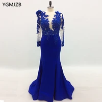 royal blue long sleeves mermaid evening dresses for women beaded lace appliques elegant formal prom party gowns