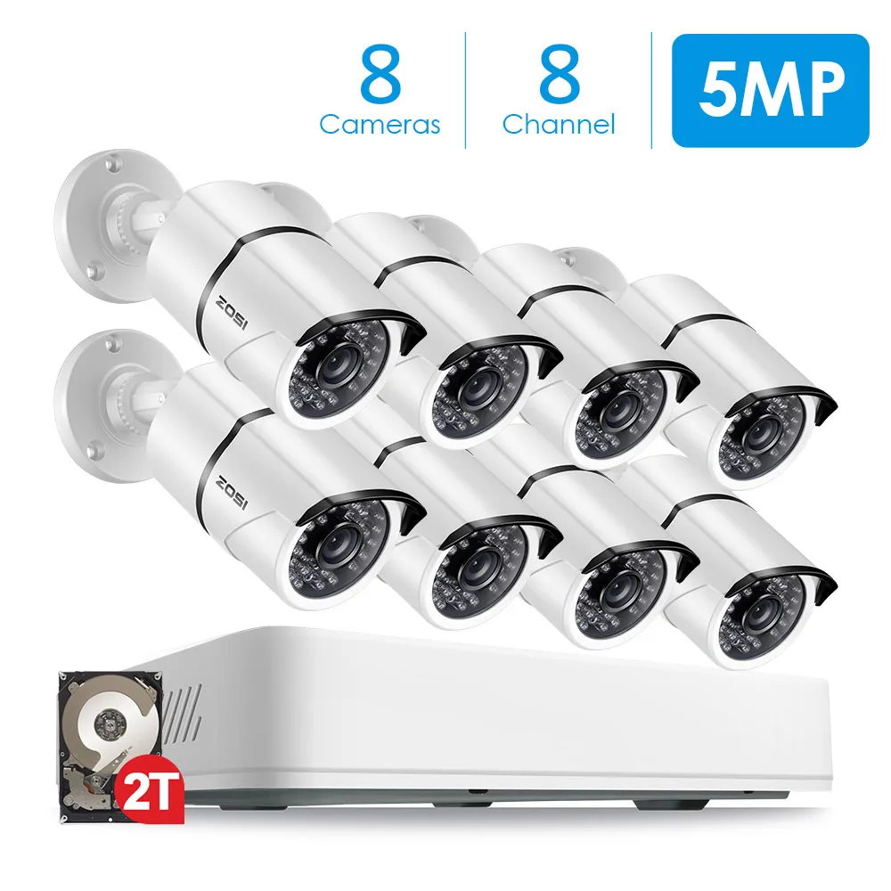 ZOSI 8CH 5MP H.265+ система камеры безопасности(2 ТБ HDD) W/8x HD 5MP(2560x1920) Наружная/внутренняя камера ночного видения
