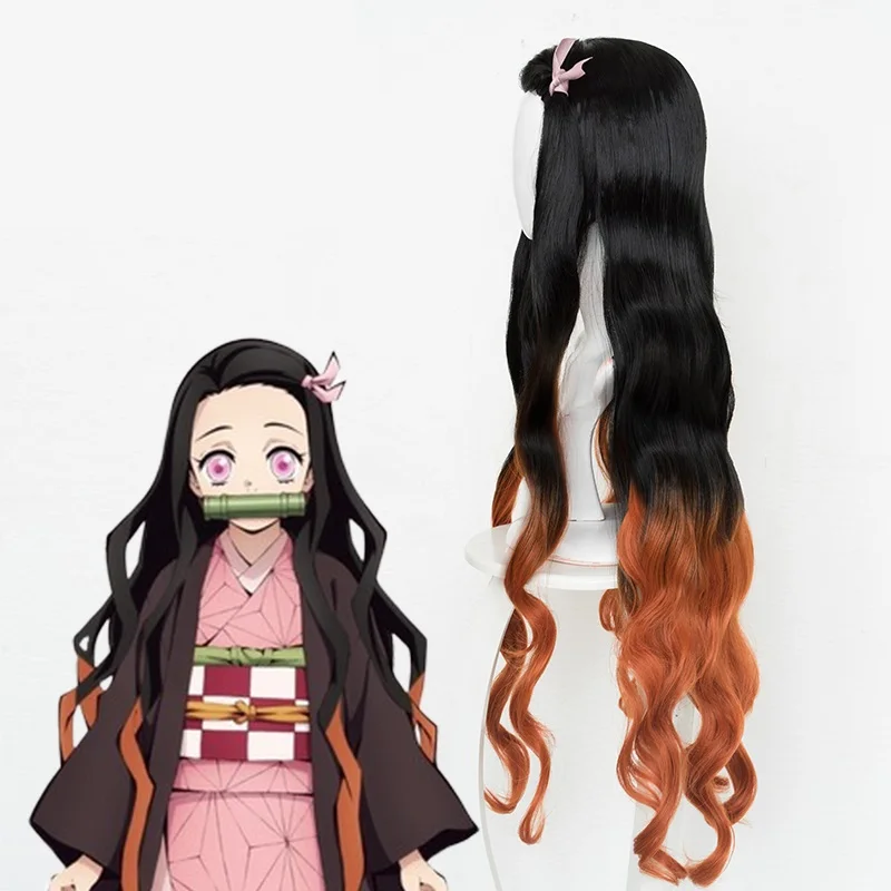 Аниме Demon Slayer Косплей волосы Nezuko Kamado головные уборы длинные вьющиеся смешанные