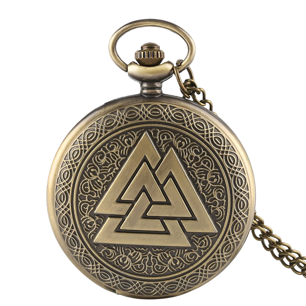 Бронзовые винтажные треугольные часы Valknut в стиле норвежских викингов, кварцевые карманные часы, ожерелье, три переплетенных брелока, часы для женщин и мужчин, подарок