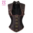 Готический Воротником Топ Браун Стимпанк Корсет Под Грудью Куртка Жилет Плюс Размер Корсеты и Бюстье Стали Кости Korsett Для Женщин Сексуальная