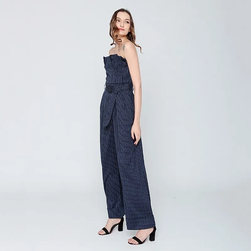 GALCAUR Sexy Sleeveless Striped Jumpsuit Woemn Strapless High Waist With Sashes Ruched Wide Leg Pants Female Spring Fashion 2020 | Женская