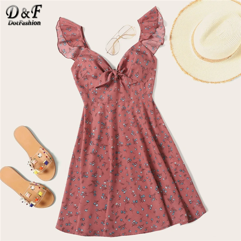 Dotfashion, розовое платье с цветочным узором и бантом на шее, с оборкой, женское платье,, бохо, милое, без рукавов, ТРАПЕЦИЕВИДНОЕ, с высокой талией, короткое платье