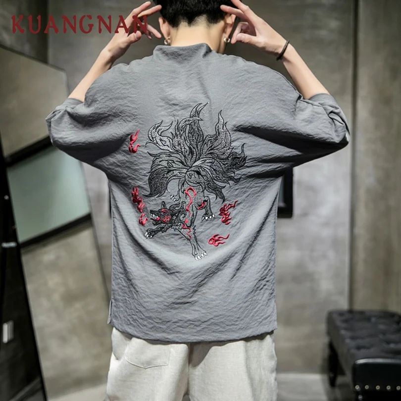 KUANGNAN футболка с вышивкой лисы Мужская Футболка Harajuku летний топ уличная белая в