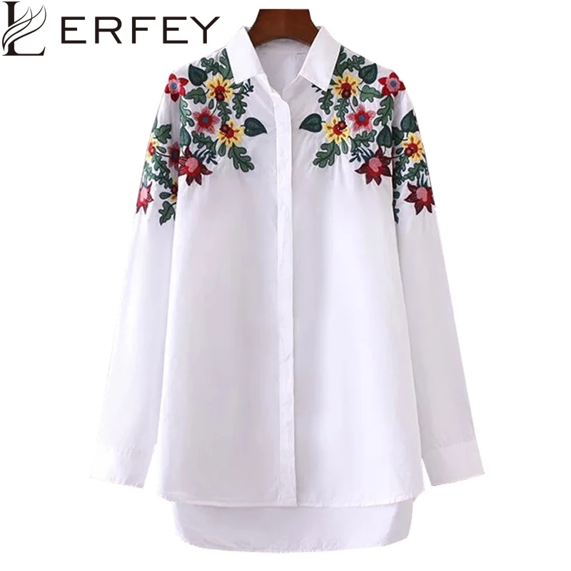 LERFEY Женская Цветочная блузка с вышивкой рубашка отложным воротником белые
